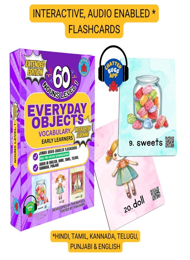 Brainy Bug Resources Flashcards with App-Enabled Audio Feature | 60 Everyday Objects Level 1 | Nouns | Audio in Hindi, English, Punjabi, Tamil, Kannada, Telugu | Spoken English | Special Needs Kids - Image 2